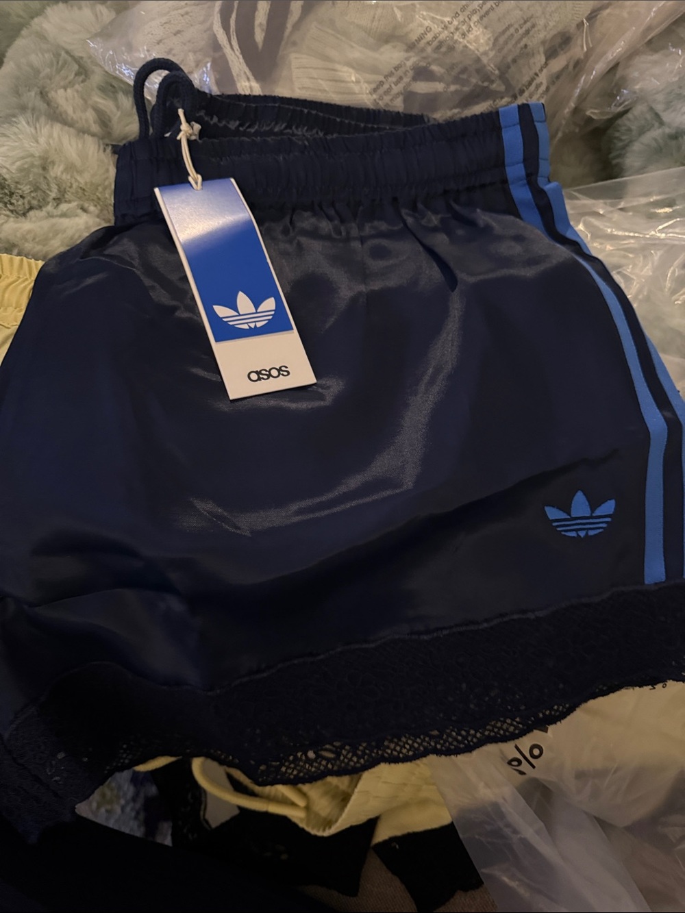 adidas Black Satin Athletic Shorts with Blue Stripes - Picture 7 of 15
